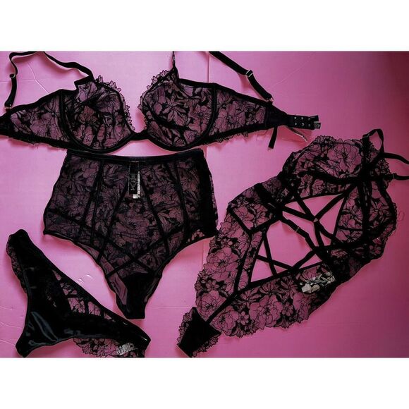 Victoria's Secret unlined 34DD,34DDD,36C BRA SET+thong+panty+L TEDDY BLACK lace